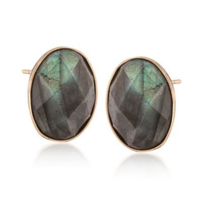 Oval Labradorite Earrings in 14kt Yellow Gold &mdash; Alt Image 1