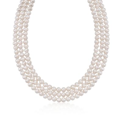 6-7mm Graduated Three-Strand Pearl Necklace in Sterling Silver. 16" &mdash; Alt Image 1