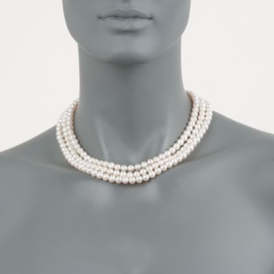 6-7mm Graduated Three-Strand Pearl Necklace in Sterling Silver. 16" &mdash; Alt Image 2