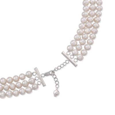 6-7mm Graduated Three-Strand Pearl Necklace in Sterling Silver. 16" &mdash; Alt Image 3