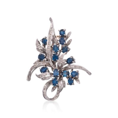 C. 1980 Vintage 2.20 ct. t.w. Sapphire and .60 ct. t.w. Diamond Floral Bow Pin in 18kt White Gold &mdash; Alt Image 1