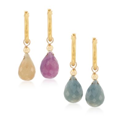 14kt Yellow Gold Hoop Earrings With Set of Interchangeable Multicolored Sapphire Drops &mdash; Alt Image 1
