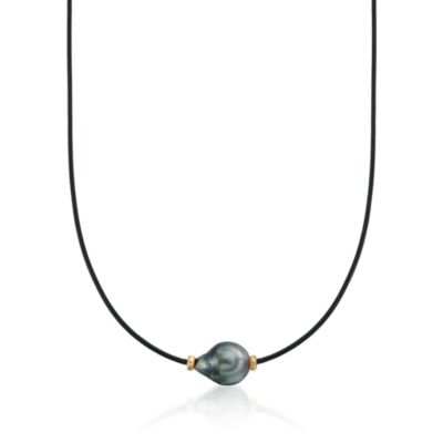 Black Tahitian Pearl Leather Necklace in 14kt Yellow Gold. 18" &mdash; Alt Image 1