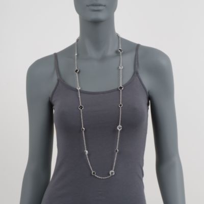 De Latori Jewelry Black Onyx and Crystal Station Necklace in Sterling Silver. 42" &mdash; Alt Image 2