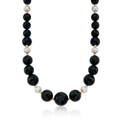 Graduated Black Agate and Pearl Necklace in 14kt Yellow Gold &mdash; Alt Image 1