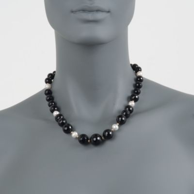 Graduated Black Agate and Pearl Necklace in 14kt Yellow Gold &mdash; Alt Image 2