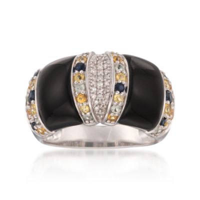 Black Agate and .90 ct. t.w. Multicolored Sapphire Ring With .10 ct. t.w. Diamonds in Sterling Silver &mdash; Alt Image 1