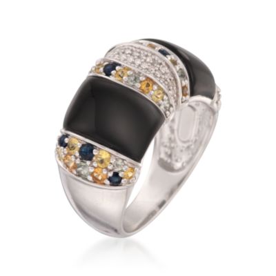 Black Agate and .90 ct. t.w. Multicolored Sapphire Ring With .10 ct. t.w. Diamonds in Sterling Silver &mdash; Alt Image 3