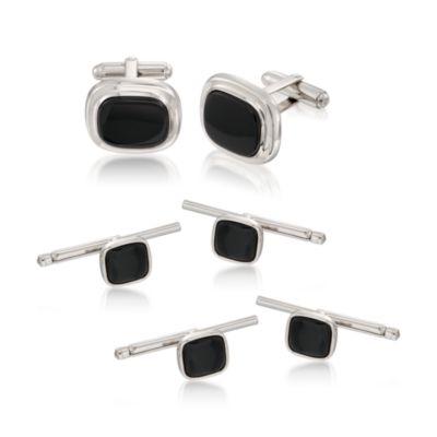 Men's Black Onyx and Sterling Silver Cufflink and Shirt Stud Set &mdash; Alt Image 1
