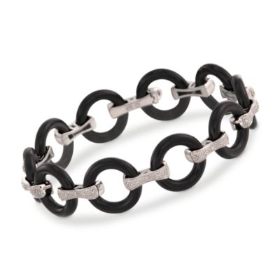 Black Agate Circle Link Bracelet With .15 ct. t.w. Diamonds in Sterling Silver. 7" &mdash; Alt Image 1