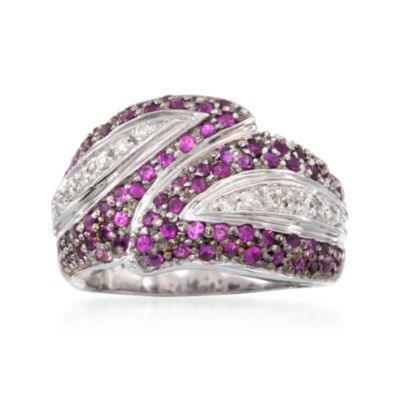 C.1990 Vintage 1.65 ct. t.w. Ruby and .20 ct. t.w. Diamond Leaf Ring in 14kt White Gold. Size 5 &mdash; Alt Image 1