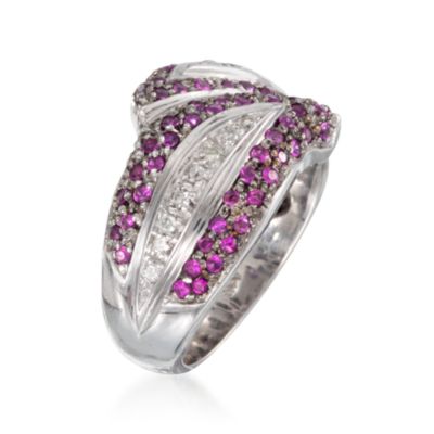 C.1990 Vintage 1.65 ct. t.w. Ruby and .20 ct. t.w. Diamond Leaf Ring in 14kt White Gold. Size 5 &mdash; Alt Image 3