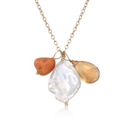 Baroque Pearl and 3.50 ct. t.w. Multi-Gemstone Cluster Necklace in 14kt Yellow Gold &mdash; Alt Image 1