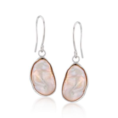 Peach Baroque Pearl Drop Earrings in Sterling Silver &mdash; Alt Image 1