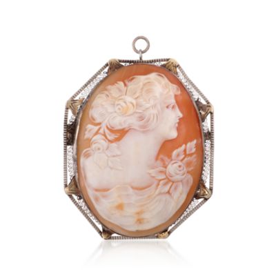C. 1950 Vintage Carved Shell Cameo Pin Pendant in 14kt Yellow Gold &mdash; Alt Image 1