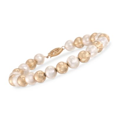 8-8.5mm Pearl and Polished Bead Bracelet in 14kt Yellow Gold &mdash; Alt Image 1