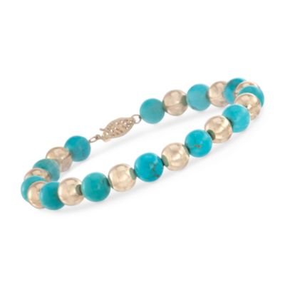 Turquoise and 14kt Gold Bead Bracelet in 14kt Yellow Gold. 7.5" &mdash; Alt Image 1