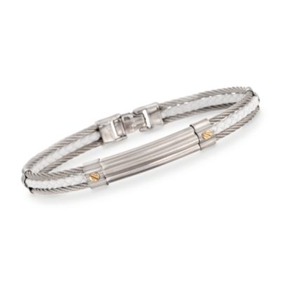 Charriol Men's Stainless  and 18kt Gold Cable and White Leather Bracelet. 8" &mdash; Alt Image 1