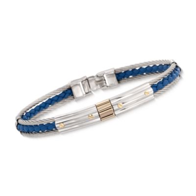 Charriol Men's Stainless and 18kt Gold Cable and Blue Leather Bracelet. 8" &mdash; Alt Image 1