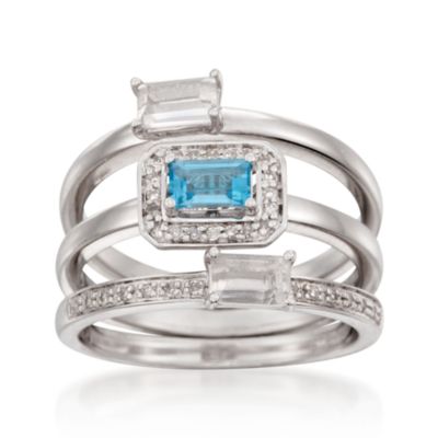 Set of Three Bands With Rock Crystal and Blue Topaz in Sterling Silver &mdash; Alt Image 1