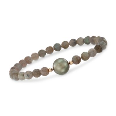 Labradorite and Black Tahitian Pearl  Bracelet in 14kt Yellow Gold. Adjustable Size &mdash; Alt Image 1