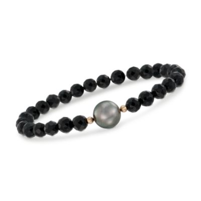 Agate and Black Tahitian Pearl Bracelet in 14kt Yellow Gold. Adjustable Size &mdash; Alt Image 1