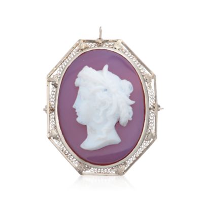 C. 1970 Vintage Carved Agate Cameo Pin Pendant in 14kt White Gold &mdash; Alt Image 1