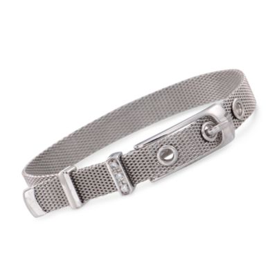 C. 1970 Vintage 14kt White Gold Mesh Buckle Bracelet With Diamonds. 7" &mdash; Alt Image 1