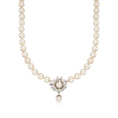 C.1980 Vintage 7-7.5mm Cultured Pearl and .15 ct. t.w. Diamond Necklace in 14kt White Gold. 15" &mdash; Alt Image 1
