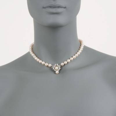 C.1980 Vintage 7-7.5mm Cultured Pearl and .15 ct. t.w. Diamond Necklace in 14kt White Gold. 15" &mdash; Alt Image 2