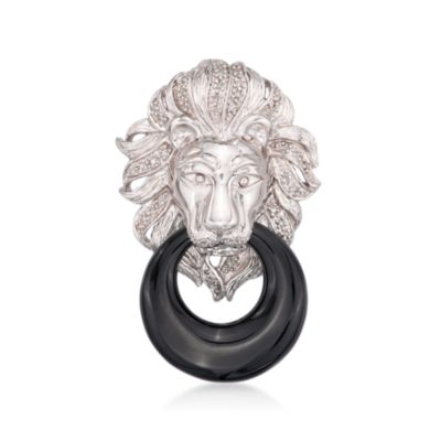 Black Agate and Diamond Lion Pendant in Sterling Silver &mdash; Alt Image 1