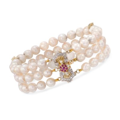 C. 1980 Vintage 6-6.5mm 3-Row Cultured Pearl Bracelet With Multi-Gems in 14kt Two-Tone Gold. 6.75" &mdash; Alt Image 1