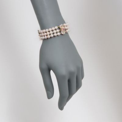 C. 1980 Vintage 6-6.5mm 3-Row Cultured Pearl Bracelet With Multi-Gems in 14kt Two-Tone Gold. 6.75" &mdash; Alt Image 2