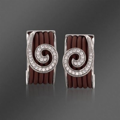 Belle Etoile .20 ct. t.w. CZ "Swirl" Half Hoop Earrings With Brown Italian Rubber in Sterling Silver &mdash; Alt Image 1