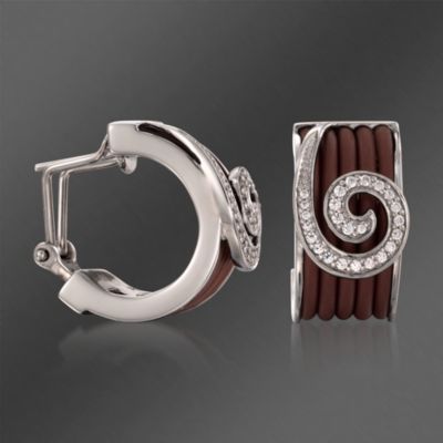 Belle Etoile .20 ct. t.w. CZ "Swirl" Half Hoop Earrings With Brown Italian Rubber in Sterling Silver &mdash; Alt Image 3