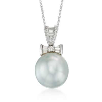 South Sea Pearl and .19 ct. t.w. Diamond Drop Necklace in 18kt White Gold. 18" &mdash; Alt Image 1