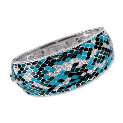 Belle Etoile 1.00 ct. t.w. CZ "Snakeskin" Bangle Bracelet With Enamel in Sterling Silver. 7" &mdash; Alt Image 1