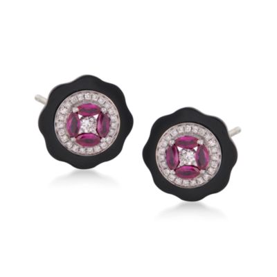 Black Onyx and 1.84 ct. t.w. Multi-Gem Scalloped Earrings in 18kt White Gold. &mdash; Alt Image 1