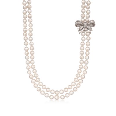 Two-Strand Cultured Pearl Necklace With 1.70 ct. t.w. Diamond Bow Clasp in 18kt White Gold. 18" &mdash; Alt Image 1