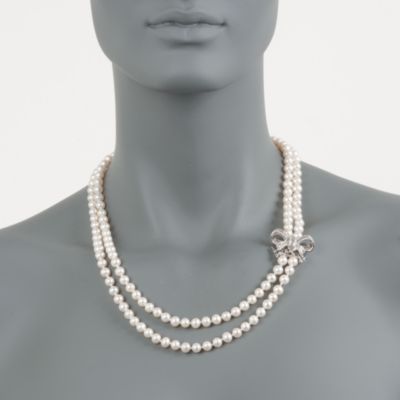 Two-Strand Cultured Pearl Necklace With 1.70 ct. t.w. Diamond Bow Clasp in 18kt White Gold. 18" &mdash; Alt Image 2