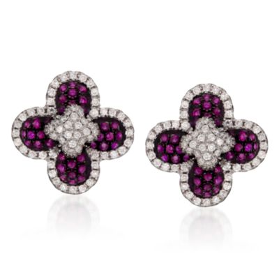 1.10 ct. t.w. Ruby and 1.40 ct. t.w. Diamond Quatrefoil Earrings in 18kt White Gold &mdash; Alt Image 1