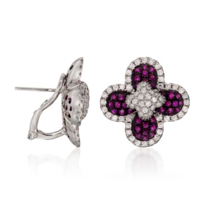 1.10 ct. t.w. Ruby and 1.40 ct. t.w. Diamond Quatrefoil Earrings in 18kt White Gold &mdash; Alt Image 3