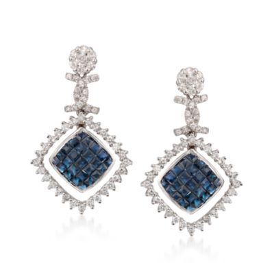 Invisibly-Set 2.30 ct. t.w. Sapphire and 1.65 ct. t.w.  Diamond Earrings in 18kt White Gold &mdash; Alt Image 1