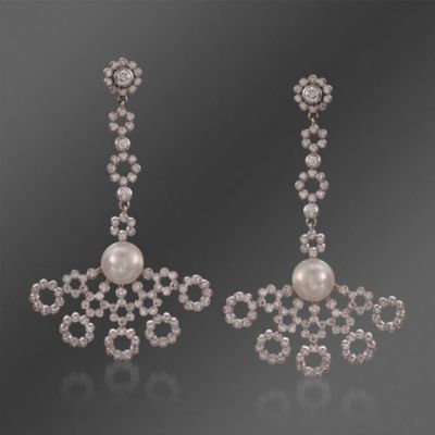 Mikimoto 7.5mm Akoya Pearl and 1.45 ct. t.w. "Lace" Diamond Earrings in 18kt White Gold &mdash; Alt Image 1