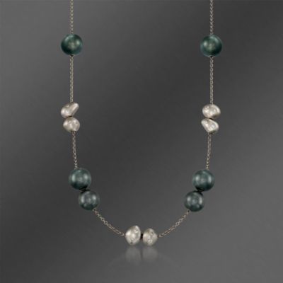 Mikimoto 10-11mm Black South Sea Pearl and .56 ct. t.w. Diamond Y-Style Necklace in 18kt White Gold. 19" &mdash; Alt Image 1
