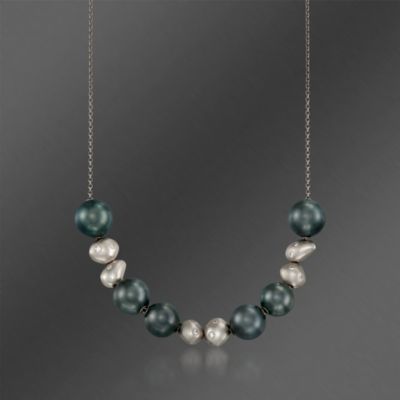 Mikimoto 10-11mm Black South Sea Pearl and .56 ct. t.w. Diamond Y-Style Necklace in 18kt White Gold. 19" &mdash; Alt Image 3