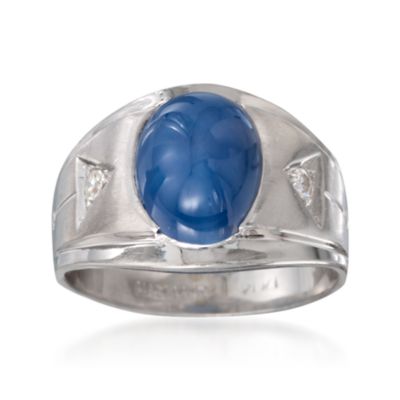 C. 1970 Vintage Cabochon Faux Linde Star Sapphire and Diamond Ring in 14kt White Gold. Size 8 &mdash; Alt Image 1