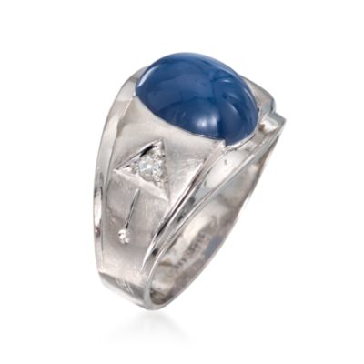 C. 1970 Vintage Cabochon Faux Linde Star Sapphire and Diamond Ring in 14kt White Gold. Size 8 &mdash; Alt Image 3