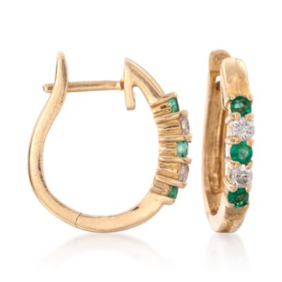 .20 ct. t.w. Emerald and .10 ct. t.w. Diamond Hoop Earrings in 14kt Yellow Gold &mdash; Alt Image 1