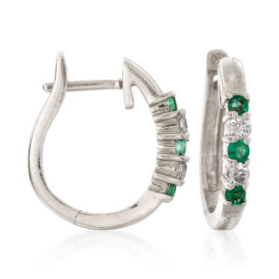 .20 ct. t.w. Emerald and .10 ct. t.w. Diamond Hoop Earrings in 14kt White Gold &mdash; Alt Image 1